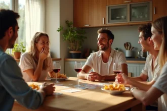 Groupe d'amis jouant au jeu de cartes Palmier REGLE pendant un apéro convivial autour d'une table en bois