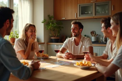 Groupe d'amis jouant au jeu de cartes Palmier REGLE pendant un apéro convivial autour d'une table en bois