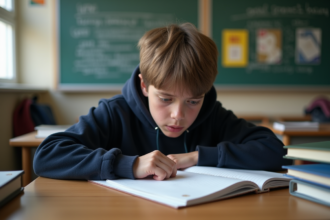 Adolescent pensif à son bureau en classe