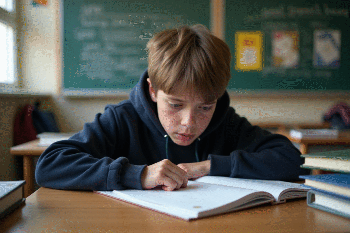 jeune-ado-penchant-sur-table Adolescent pensif à son bureau en classe