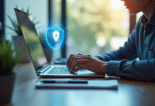 Jeune adulte utilisant un ordinateur avec un hologramme de bouclier numérique