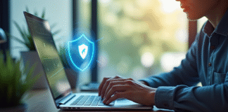 Jeune adulte utilisant un ordinateur avec un hologramme de bouclier numérique