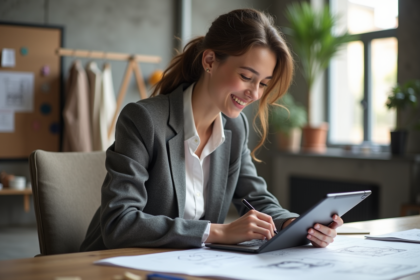 Jeune créatrice de mode dessinant sur tablette dans son studio