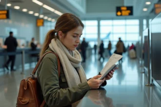 Jeune femme à l'aéroport vérifiant son billet et passeport