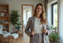 Jeune femme en blazer à la mode dans un intérieur moderne