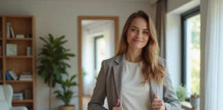 Jeune femme en blazer à la mode dans un intérieur moderne