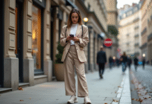 Jeune femme en blazer large dans une rue urbaine européenne