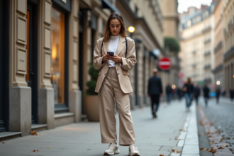 Jeune femme en blazer large dans une rue urbaine européenne