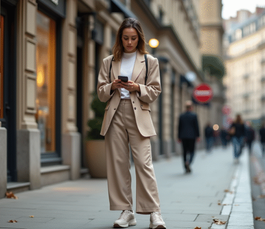 Jeune femme en blazer large dans une rue urbaine européenne