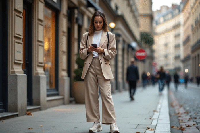 jeune-femme-blazer-urbain Jeune femme en blazer large dans une rue urbaine européenne