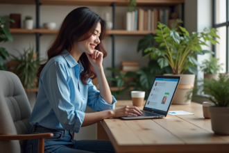 Jeune femme au bureau avec un chatbot sur son ordinateur