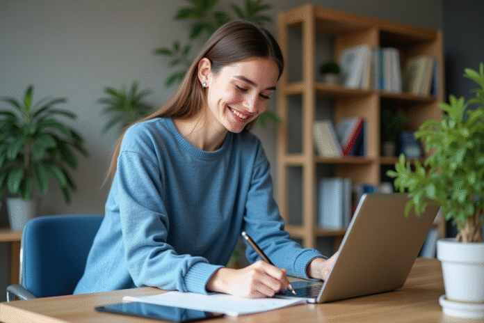 jeune-femme-bureau-ordinateur Jeune femme souriante travaillant à son bureau à la maison