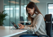 Jeune femme au bureau utilisant une tablette tactile