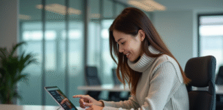 Avancées technologie : découvrez les récentes innovations numériques ! Jeune femme au bureau utilisant une tablette tactile
