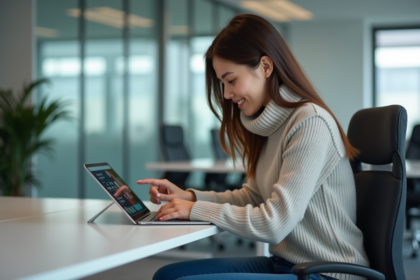 Jeune femme au bureau utilisant une tablette tactile
