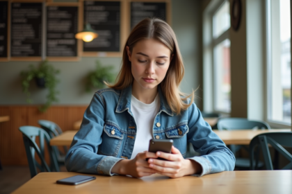 Jeune femme au cafe compare applications de traduction