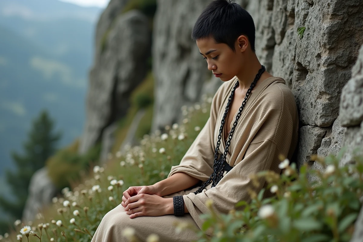 Jeune femme avec chaînes assise contre un rocher en montagne