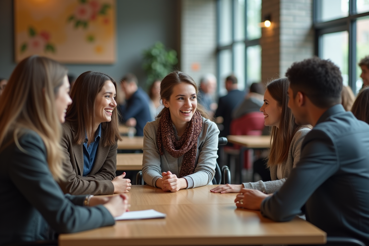 Jeune femme en fauteuil dans une cafetéria universitaire