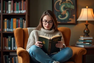 Jeune femme lisant Harry Potter dans un salon chaleureux