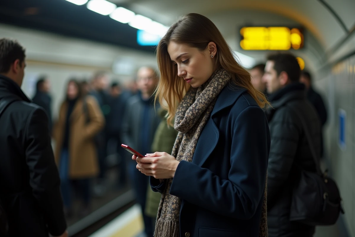 Jeune femme dans le métro de Paris avec téléphone
