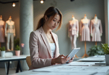 Jeune femme en pastel examine un design mode sur tablette
