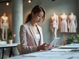 Jeune femme en pastel examine un design mode sur tablette