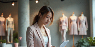 Jeune femme en pastel examine un design mode sur tablette