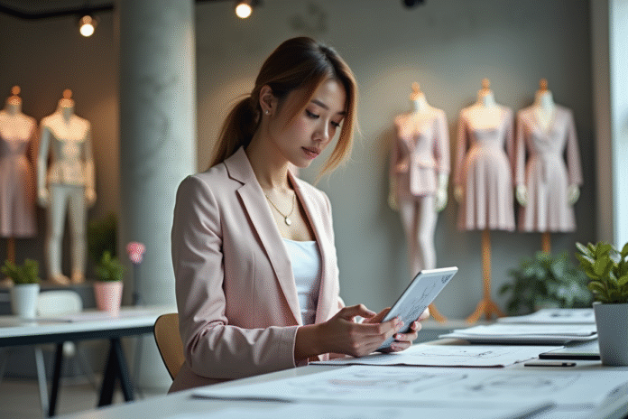 Jeune femme en pastel examine un design mode sur tablette