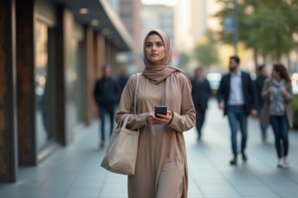 Jeune femme musulmane en abaya dans la ville urbaine