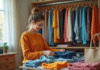 Jeune femme triant ses vêtements dans son dressing lumineux