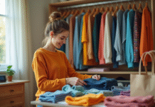 Jeune femme triant ses vêtements dans son dressing lumineux