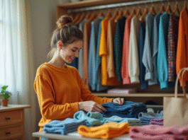 Jeune femme triant ses vêtements dans son dressing lumineux