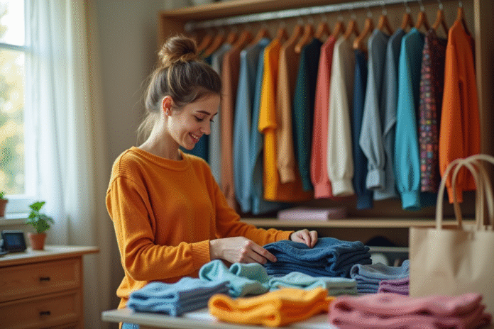 Jeune femme triant ses vêtements dans son dressing lumineux