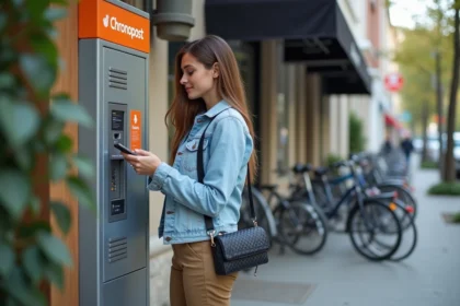 Jeune femme vérifiant son téléphone près d'un casier Chronopost en ville