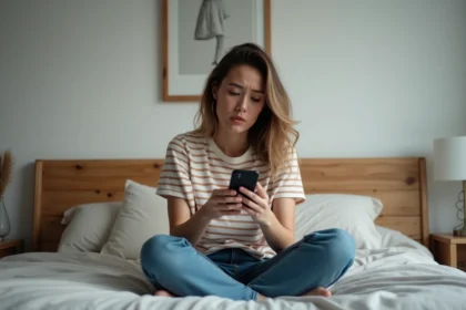 Jeune femme assise sur son lit regarde son smartphone avec inquiétude