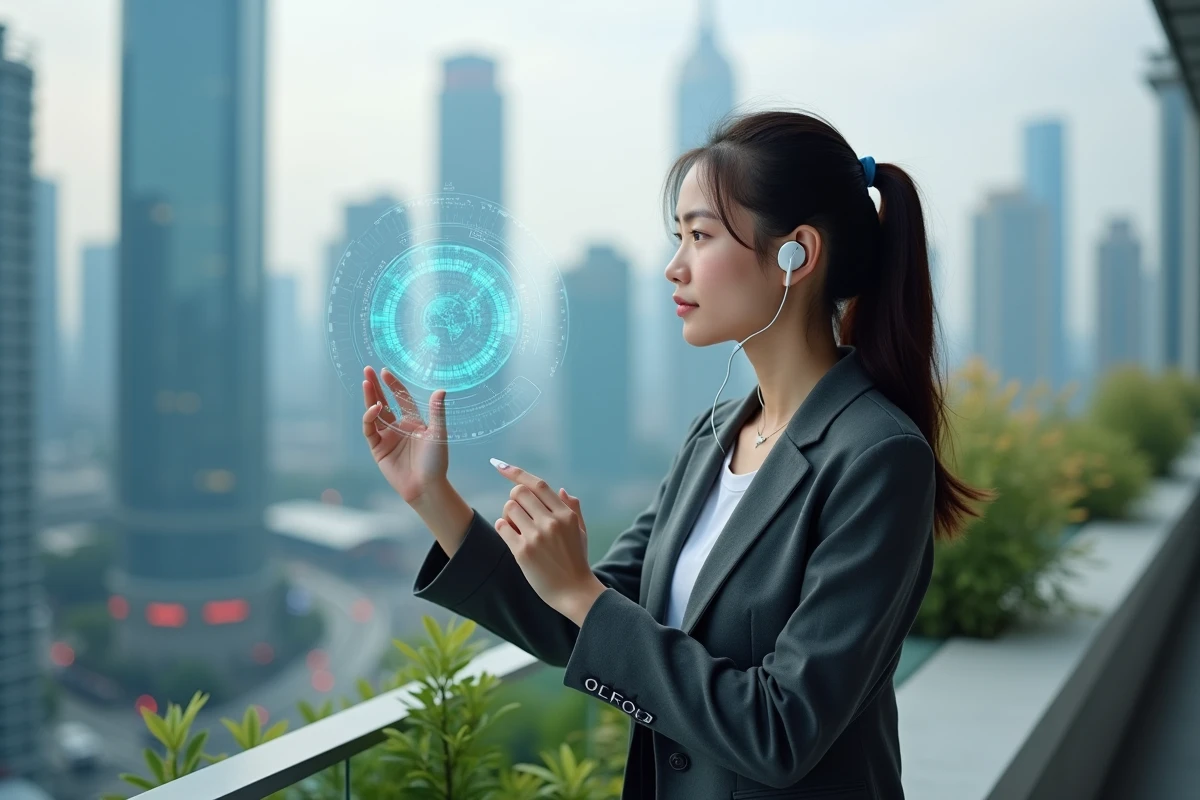 Jeune femme asiatique avec écouteurs interactifs en ville