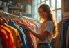 Jeune femme souriante choisissant des vêtements vintage dans une friperie lumineuse