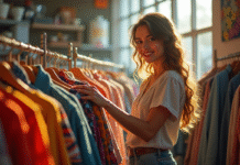 Jeune femme souriante choisissant des vêtements vintage dans une friperie lumineuse