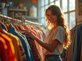 Jeune femme souriante choisissant des vêtements vintage dans une friperie lumineuse