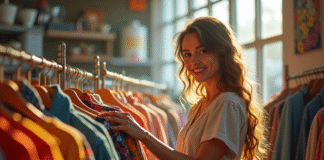Jeune femme souriante choisissant des vêtements vintage dans une friperie lumineuse