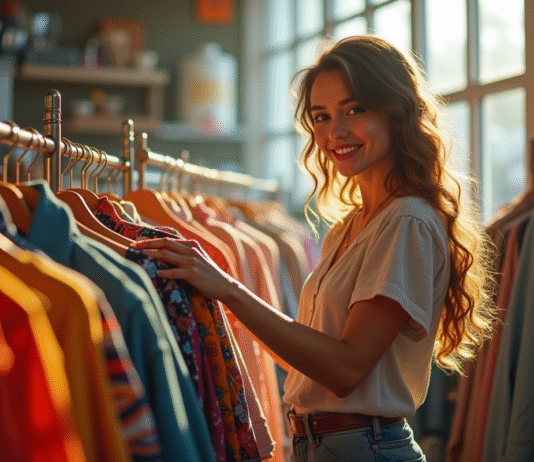 Jeune femme souriante choisissant des vêtements vintage dans une friperie lumineuse