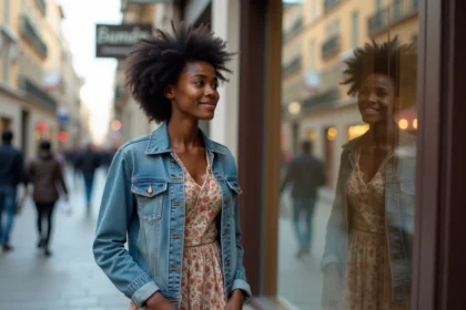 Jeune femme africaine en robe vintage florale et veste en jean