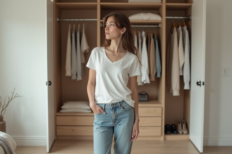 Jeune femme devant une armoire minimaliste dans une chambre lumineuse
