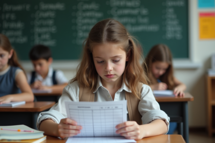 Jeune fille française de 12 ans lisant une fiche de notes à l'école