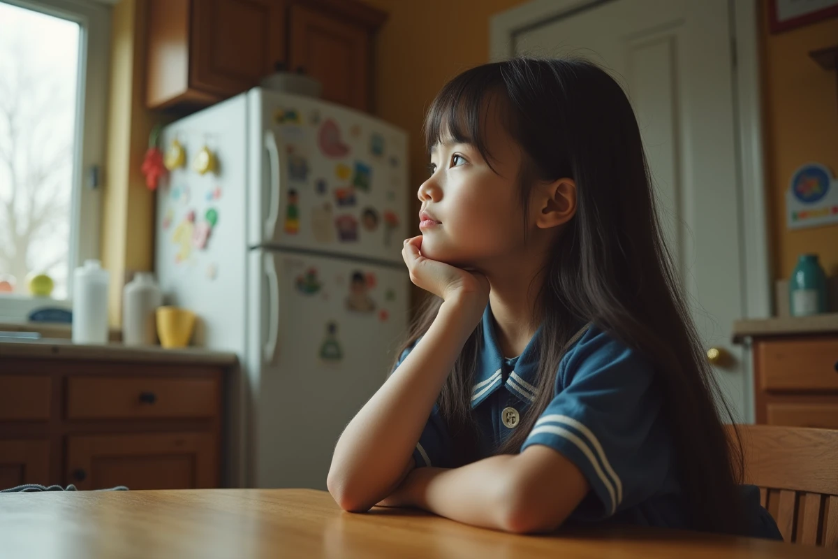 Jeune fille en uniforme dans une cuisine chaleureuse