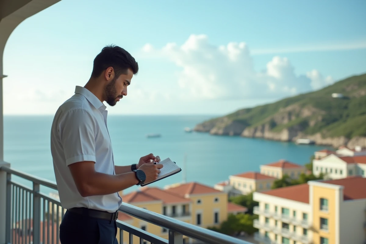 Jeune homme regardant sa montre sur un balcon avec vue sur la ville de Guadeloupe
