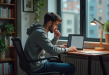Jeune homme en hoodie travaillant sur son ordinateur dans un bureau