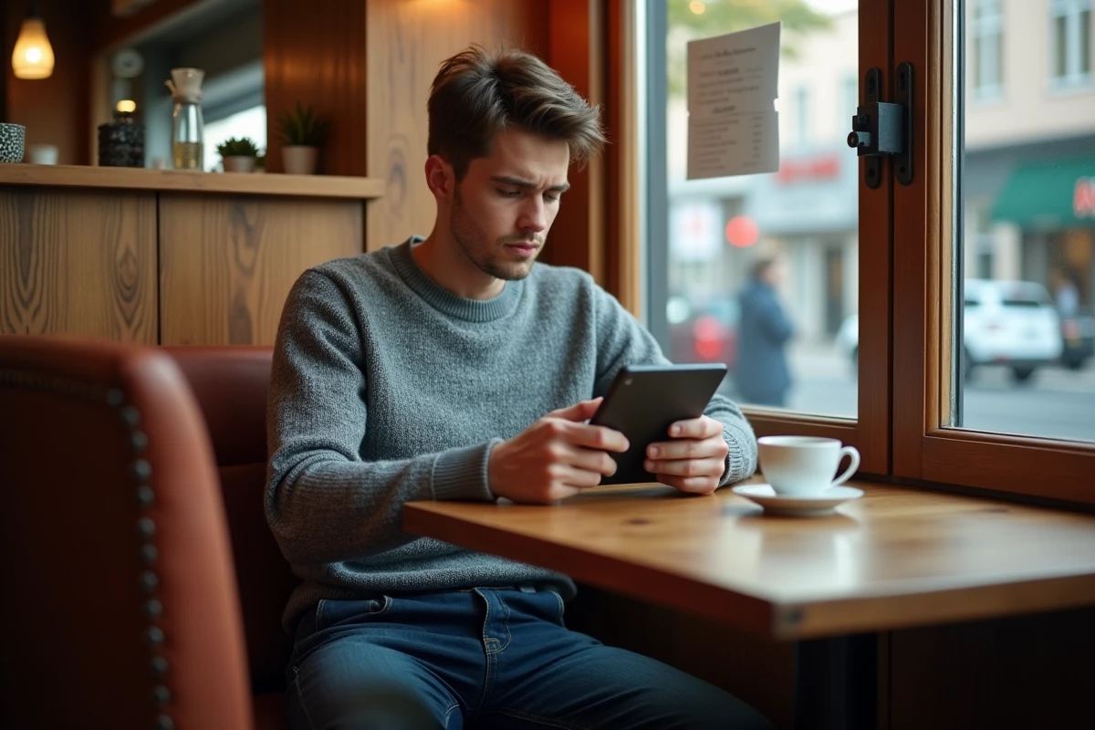 Jeune homme dans un café regardant une tablette avec souci
