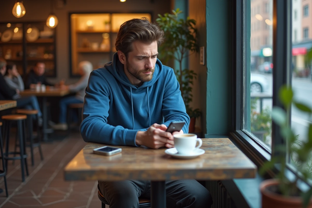Jeune homme au café regarde son téléphone avec frustration