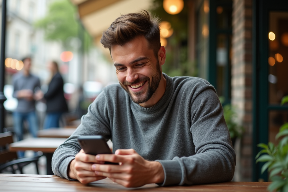 Jeune homme souriant utilisant son smartphone en extérieur